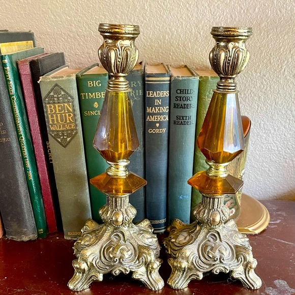 Vintage Tall Candle Sticks Brass and Amber Glass
